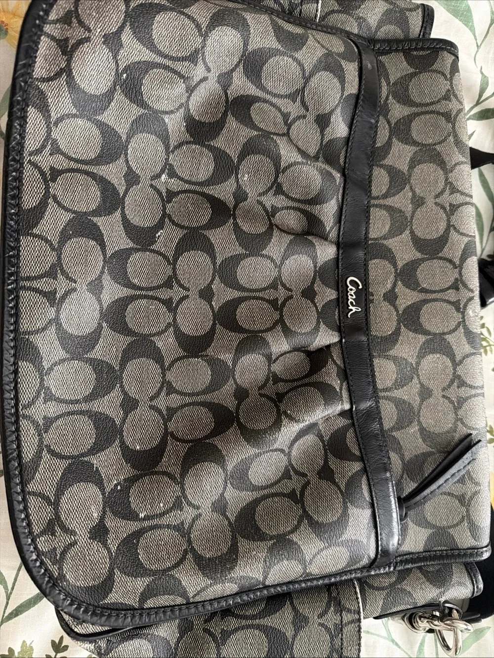 Coach Gray Signature Canvas Messenger Bag with Black Trim